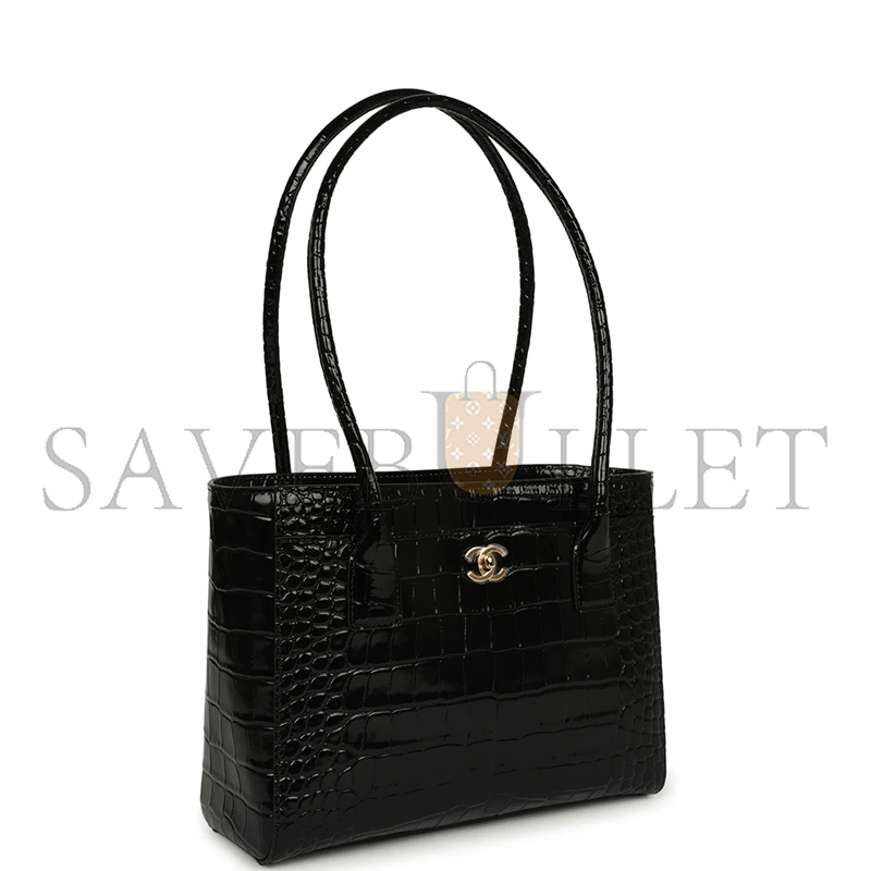 Ch**el MASTER MINI CERF SHOPPING BAG BLACK CROC EMBOSSED CALFSKIN GOLD HARDWARE (25*19*9cm)